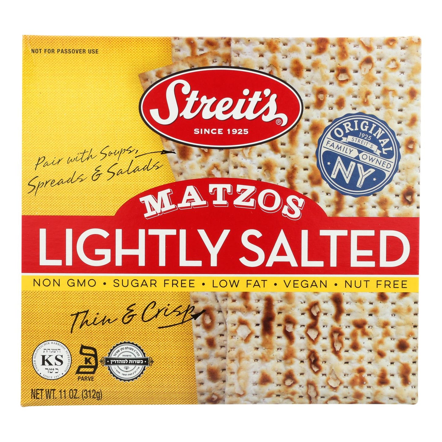 Streit's Lightly Salted Matzos, Kosher Crackers, Case of 12 (11 oz)