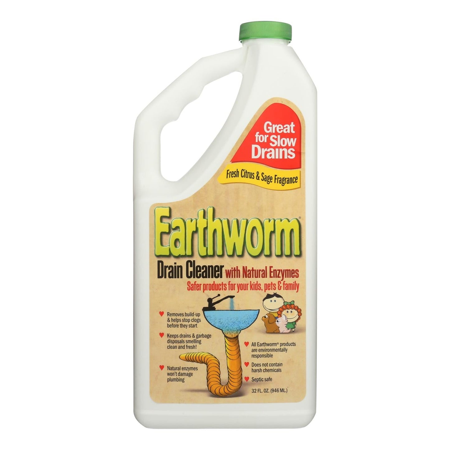 Earthworm Drain Cleaner, Natural Enzymes | 6 x 32 Fl Oz.