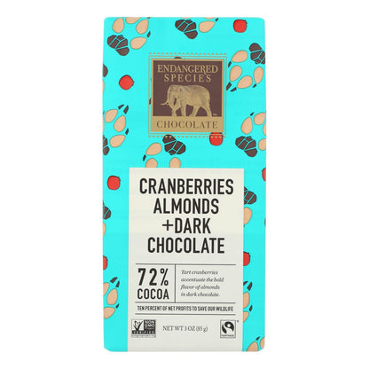 Endangered Species Natural Chocolate Bars (Pack of 12) - Dark Chocolate with 72% Cocoa, Cranberries and Almonds - 3 Oz.