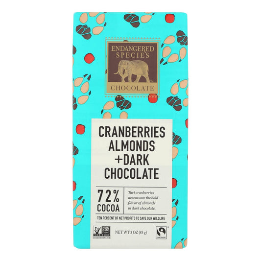 Endangered Species Natural Chocolate Bars (Pack of 12) - Dark Chocolate with 72% Cocoa, Cranberries and Almonds - 3 Oz.