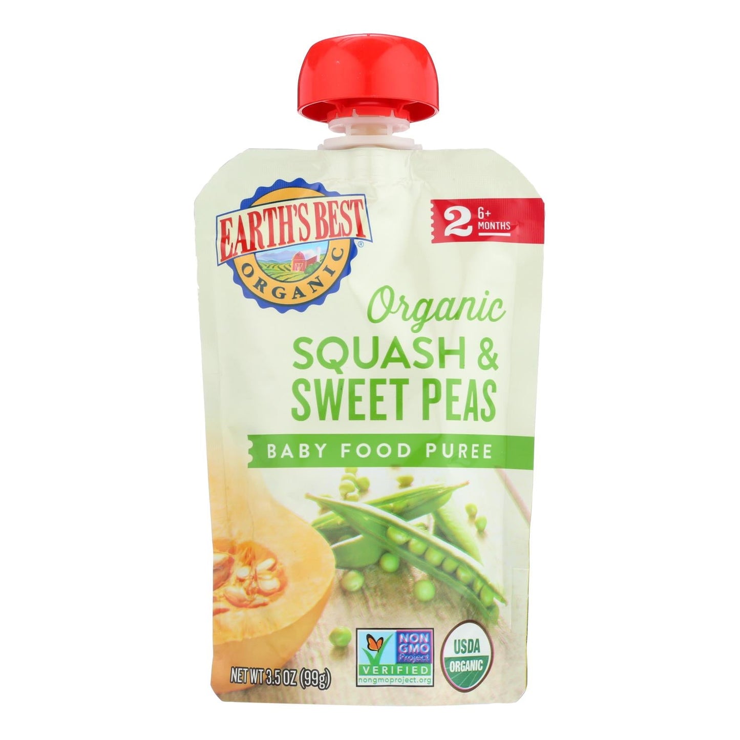 Earth's Best Organic Squash and Sweet Peas Baby Puree, Stage 2, 3.5 Oz., Case of 12