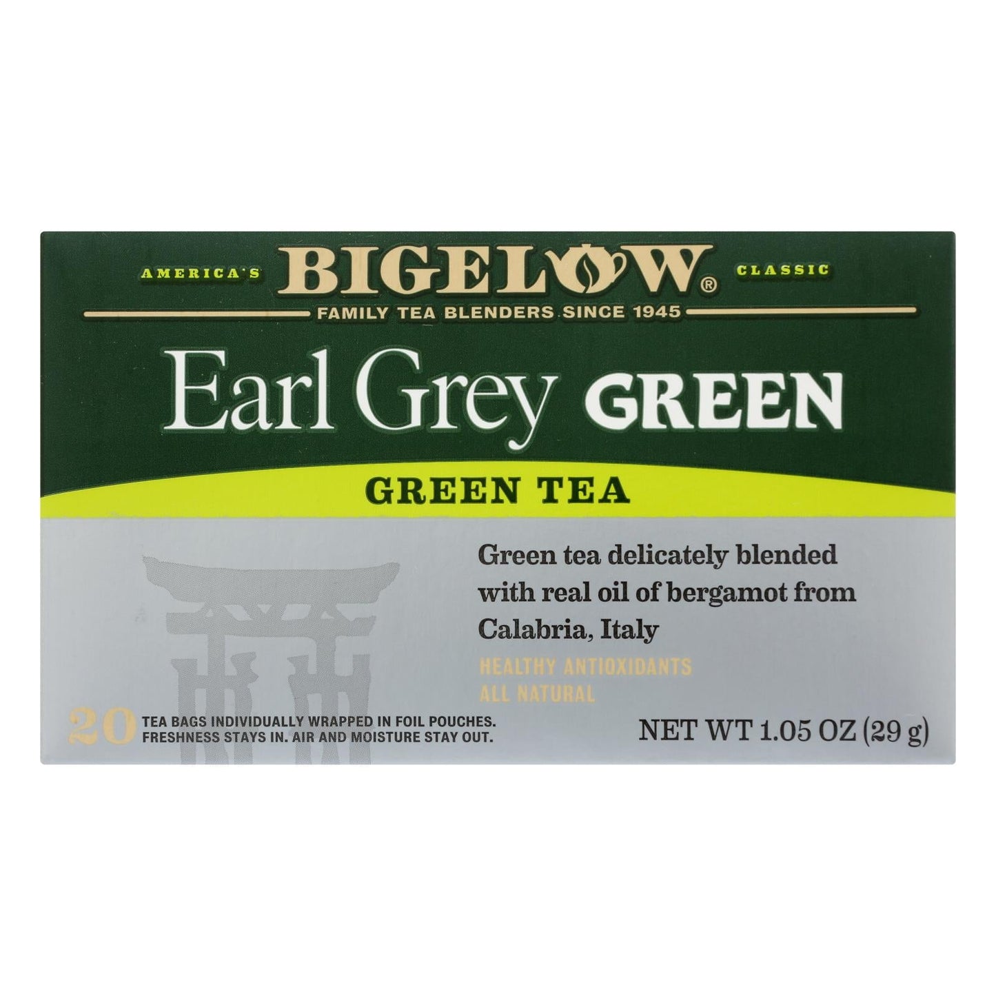Bigelow Earl Grey Green Tea, 20 Count Tea Bags, Case of 6