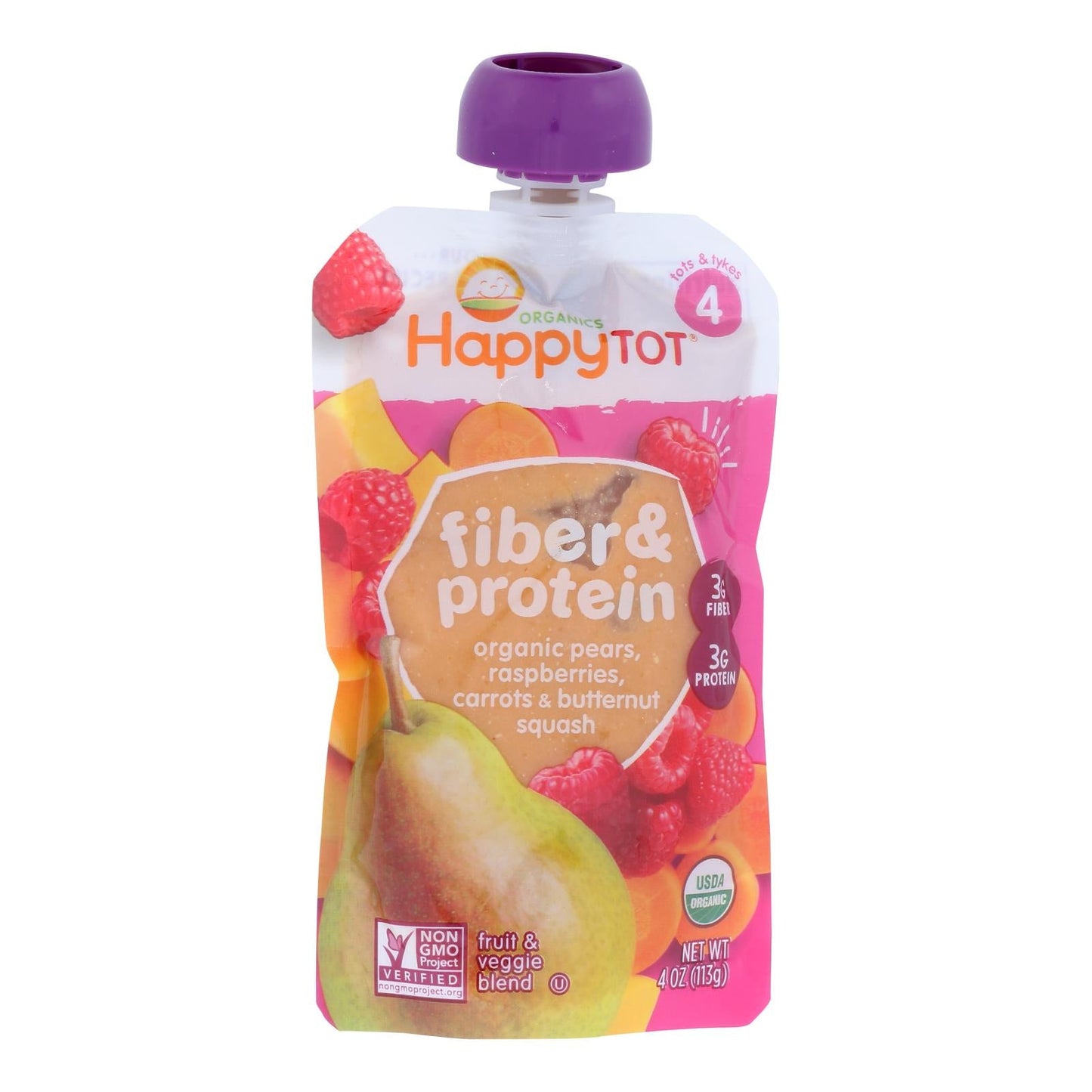 Happy Tot Organics Stage 4 Toddler Food: Pear, Raspberry, Butternut Squash & Carrot, 16 - 4 Oz Pouches