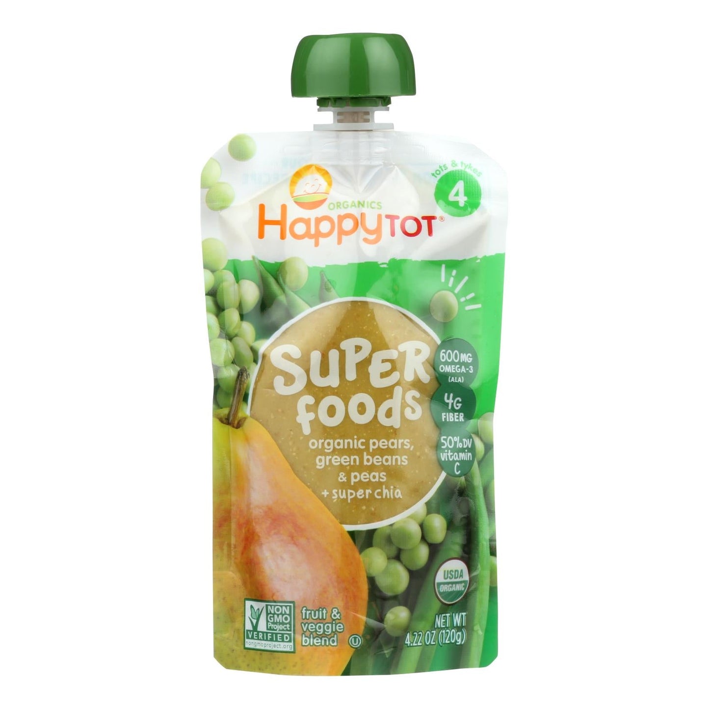 Happy Tot Organic Green Beans, Pear & Pea Toddler Food - Stage 4 (Pack of 16 - 4.22 Oz)