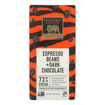Endangered Species Natural Chocolate Bars (Pack of 12) - Dark Chocolate with 72% Cocoa, Espresso Beans and 3 Oz. Bars