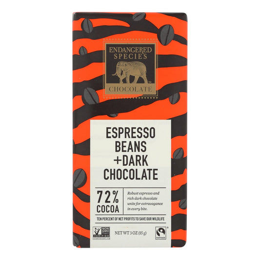 Endangered Species Natural Chocolate Bars (Pack of 12) - Dark Chocolate with 72% Cocoa, Espresso Beans and 3 Oz. Bars