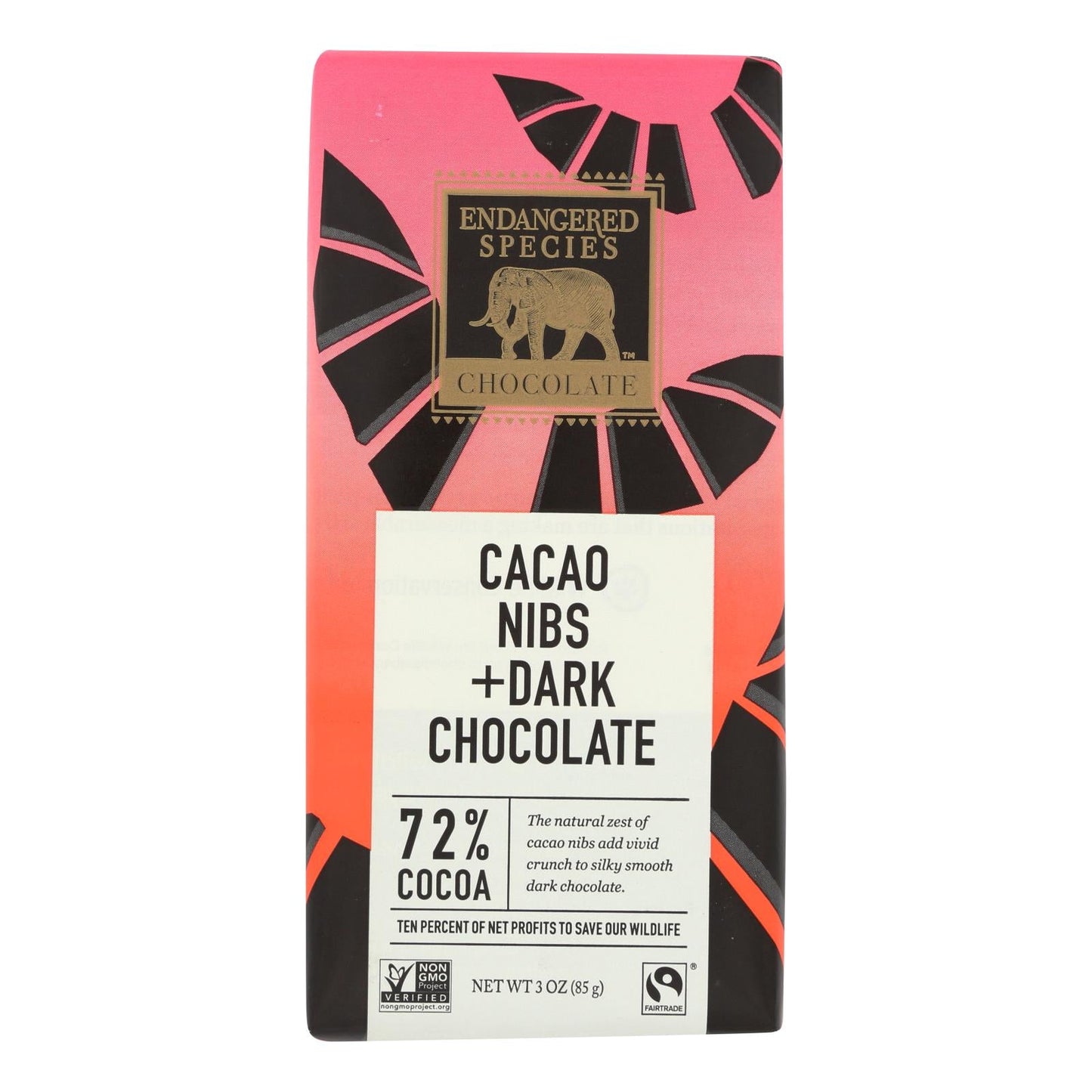 Endangered Species Dark Chocolate Bars (Pack of 12) - Natural, 72% Cocoa with Cacao Nibs - 3 Oz.