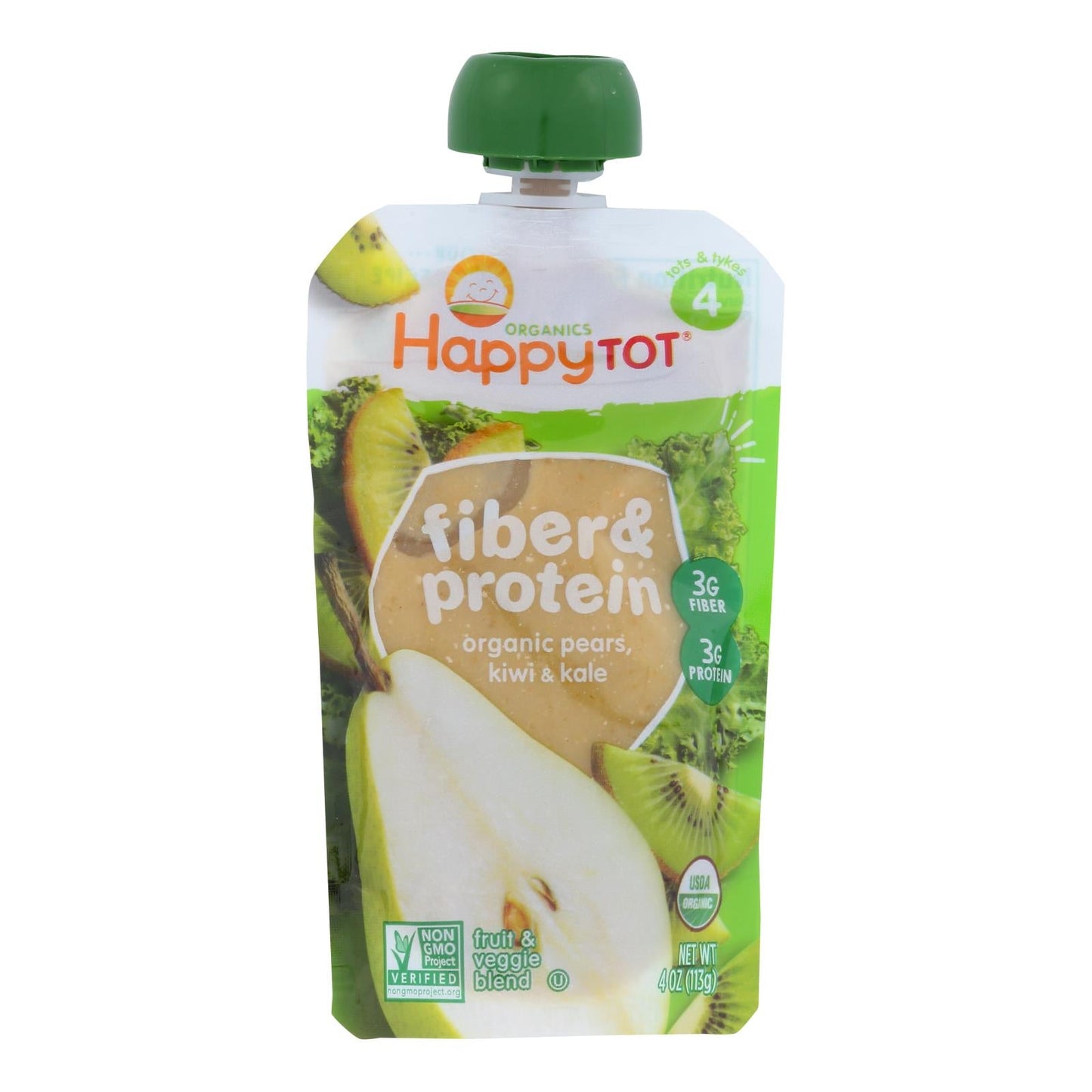 Happy Tot Organic Fiber & Protein Toddler Food, Stage 4 - Pear, Kiwi, & Kale - 4 Oz. (16-Pack)