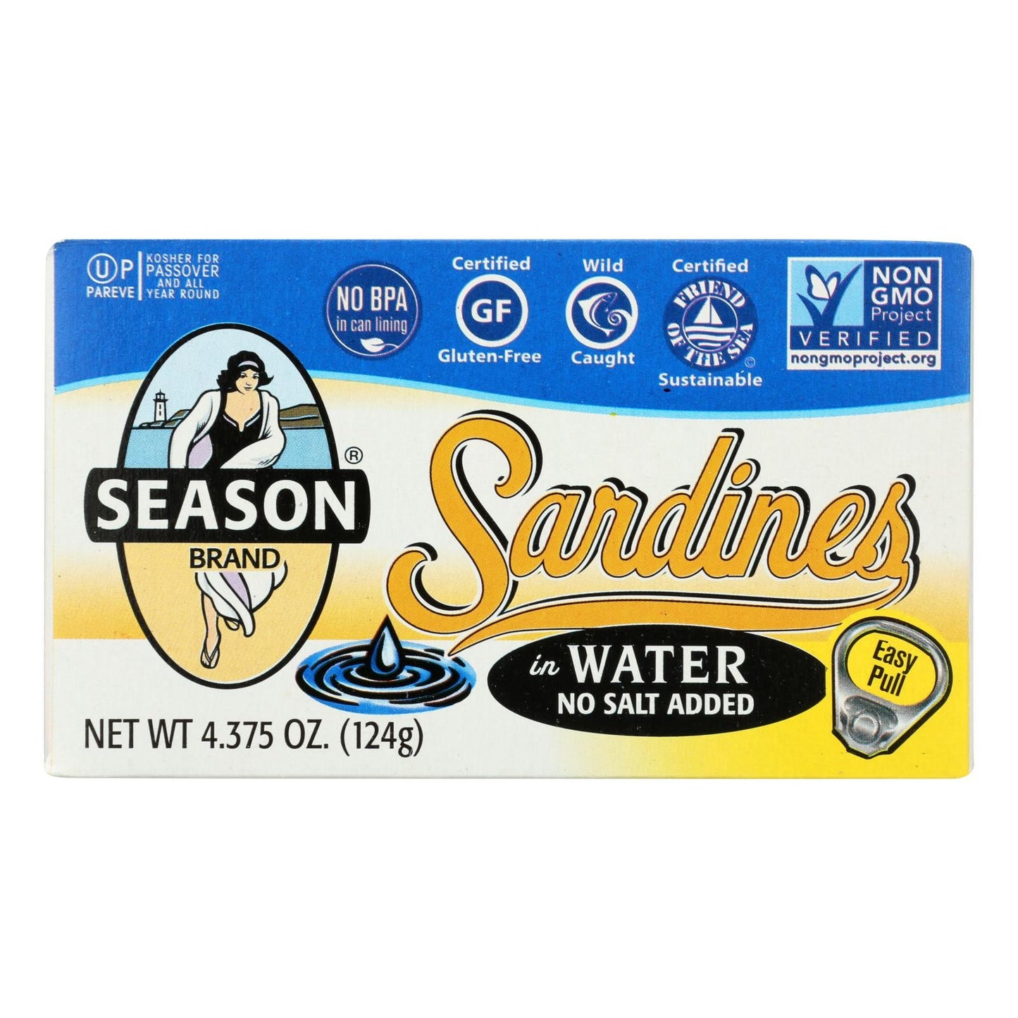 Season Brand Sardines In Water - No Salt Added, 4.375 Oz. (12/Case)