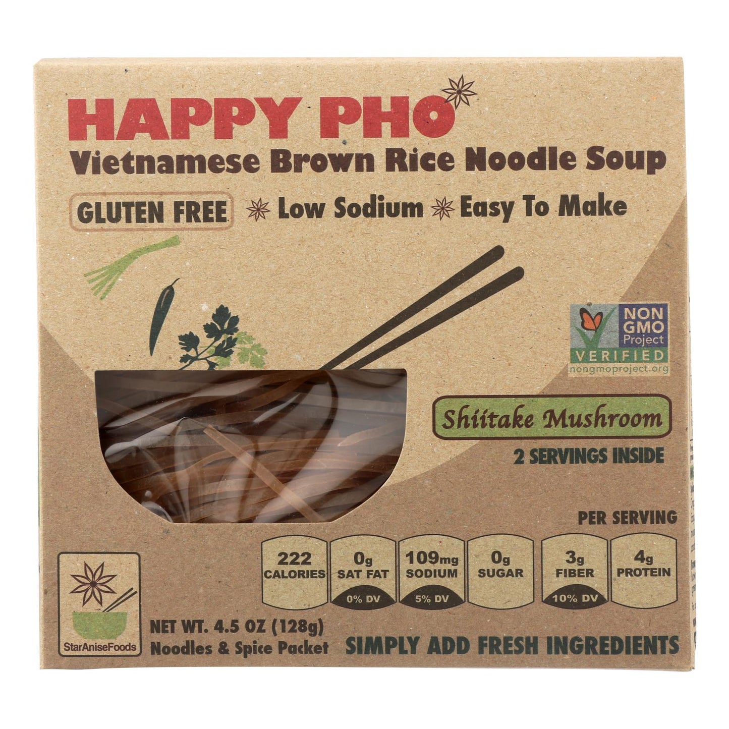 Star Anise Foods Happy Pho Vietnamese Shiitake Mushroom Brown Rice Noodle, 4.5 Oz Pack of 6
