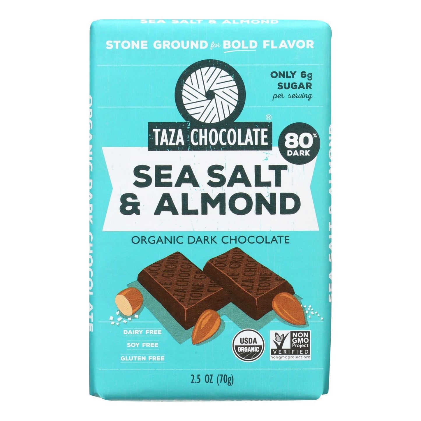 Organic Dark Chocolate Bar with Sea Salt and Almond (Pack of 10) - 2.5 Oz.