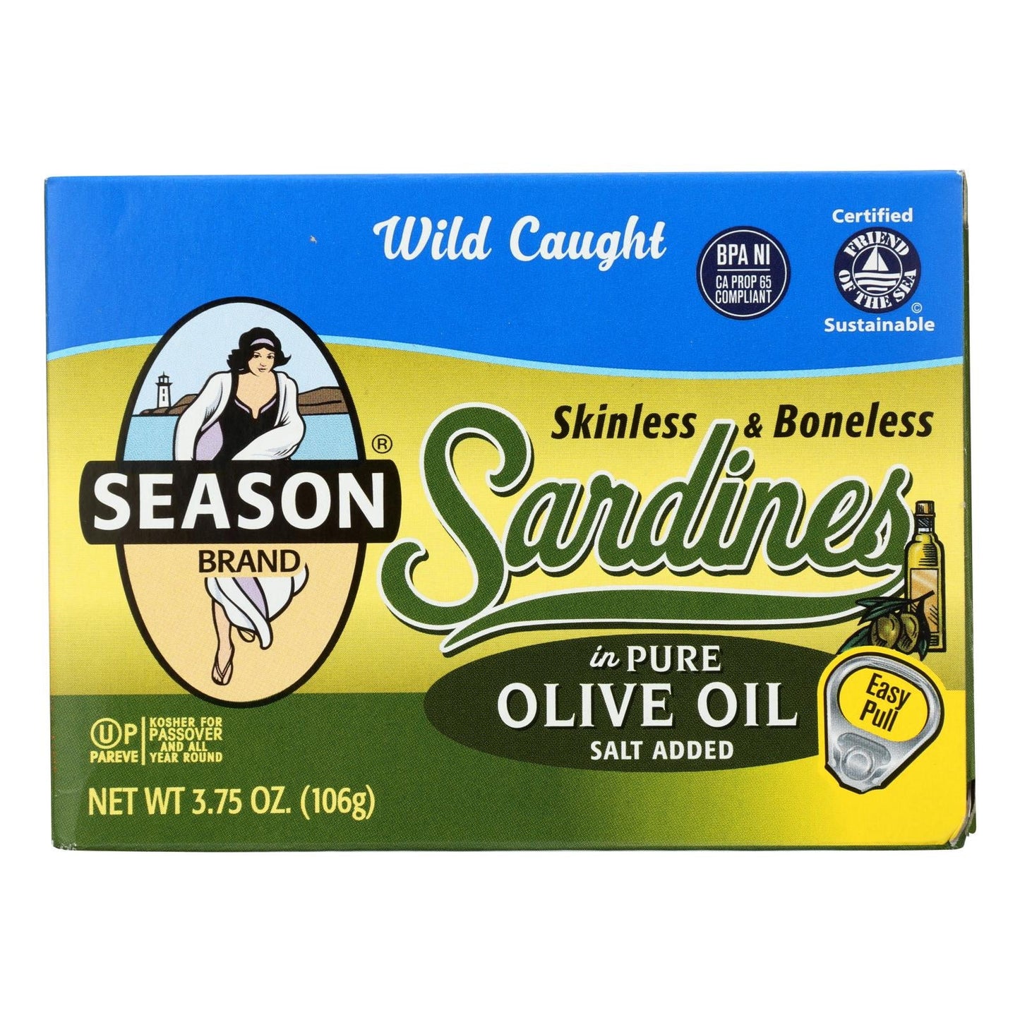 Season Brand Skinless & Boneless Sardines in Pure Olive Oil, 3.75 oz., Case of 12