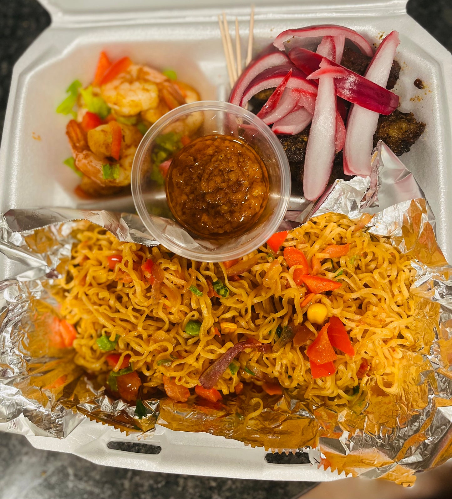 Noodles,Shrimps with Beef Suya