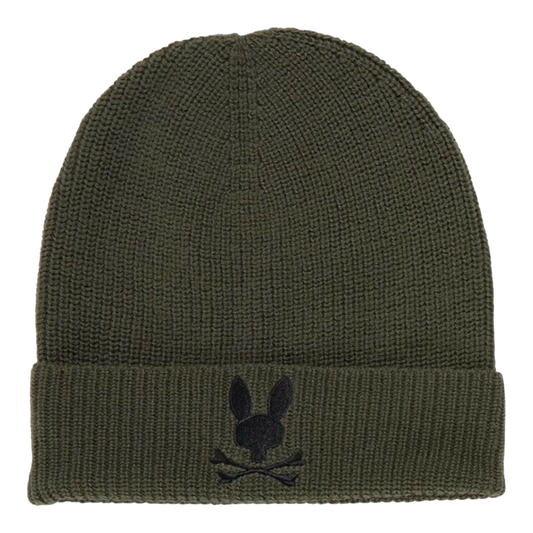 Psycho Bunny Allen Merino Wool Knit Cuff Women Beanie Dark Olive