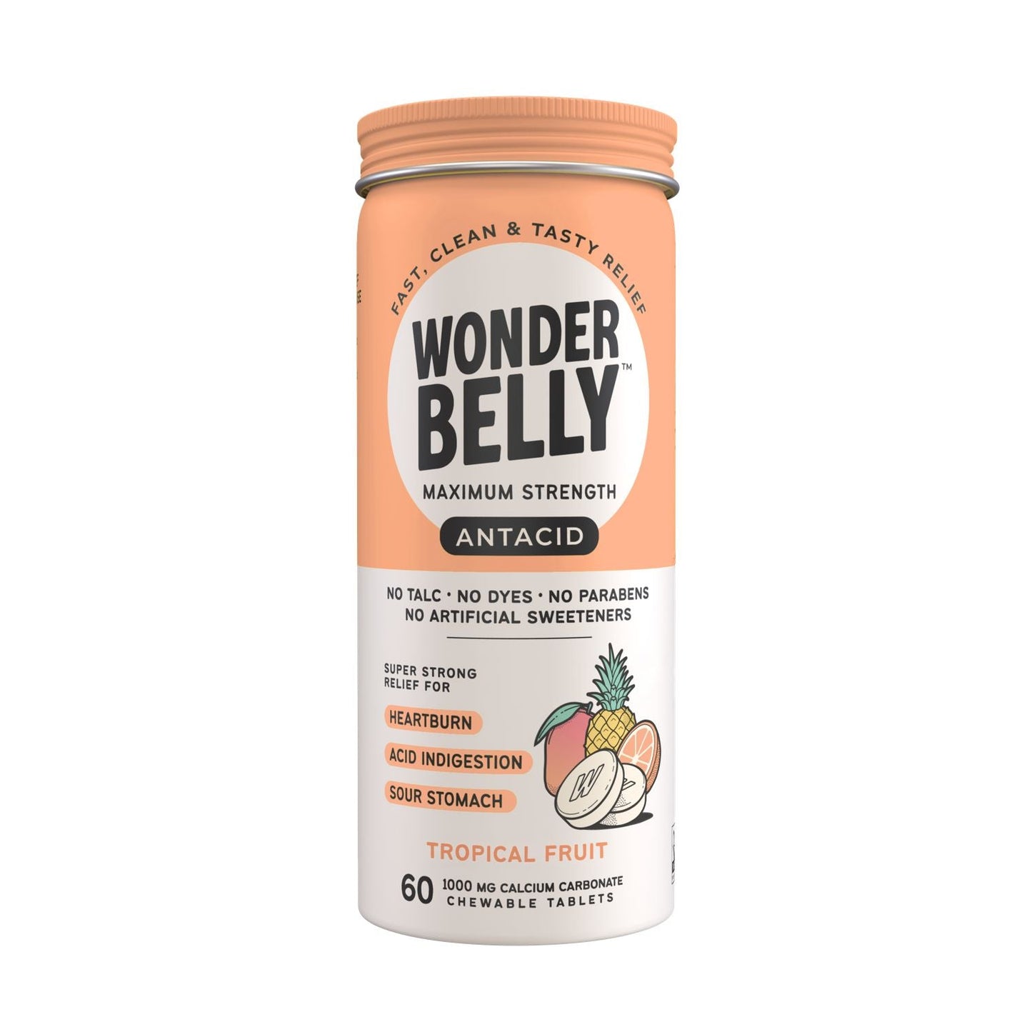 Wonder Belly Chewable Tablets, Tropical Fruit, 60 Count (Pack of 4) - Antacid Relief