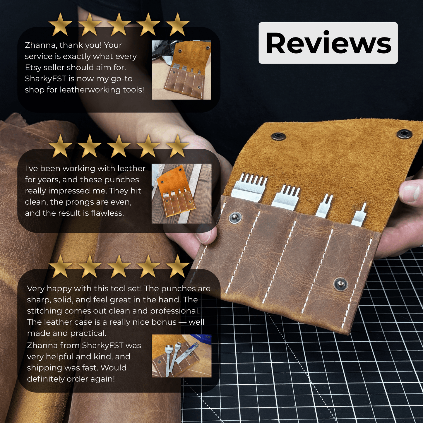 4-Piece Diamond Style Leather Pricking Iron Set, 1, 2, 4, 6 Prongs