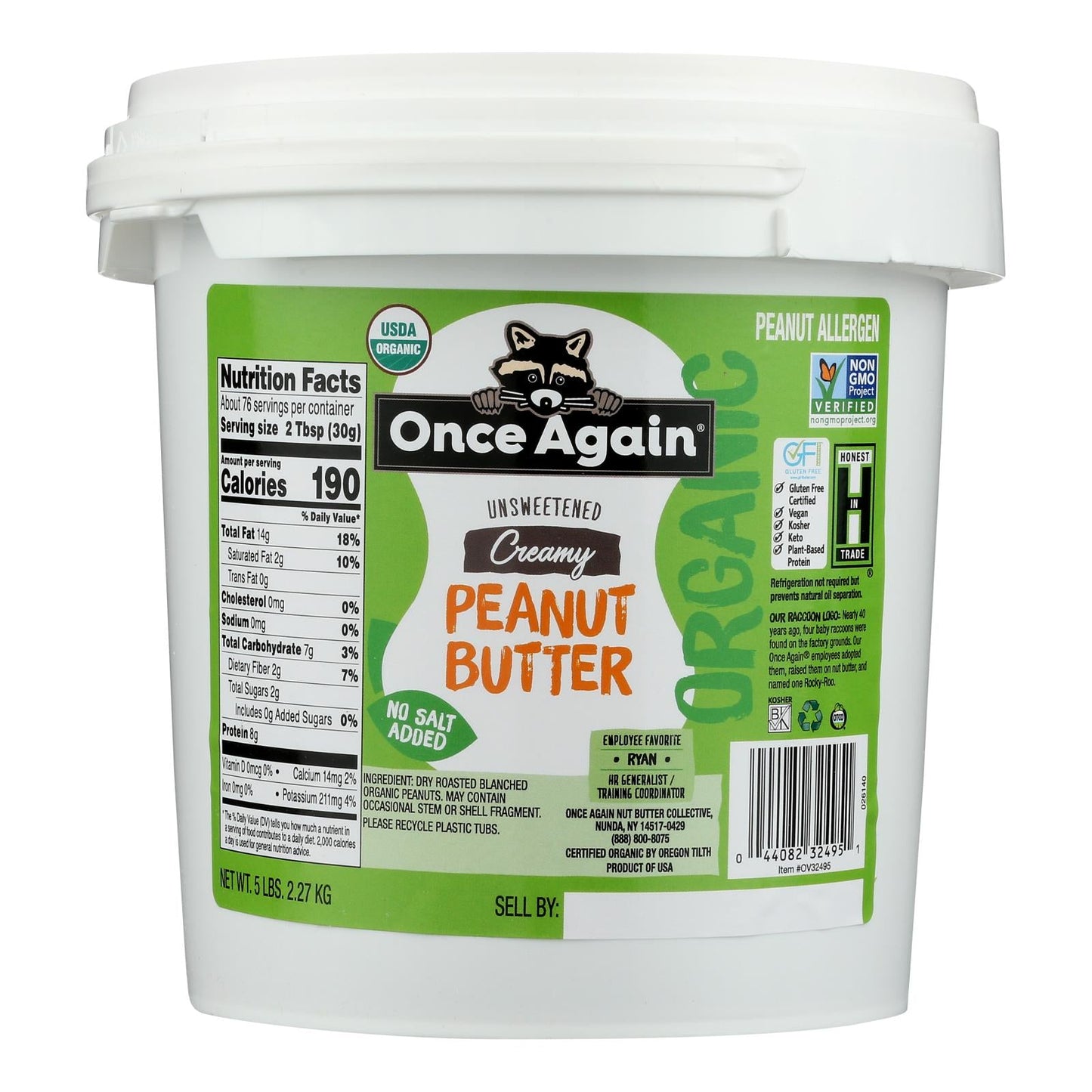 Once Again Organic Creamy Peanut Butter, No Salt, 5 lb