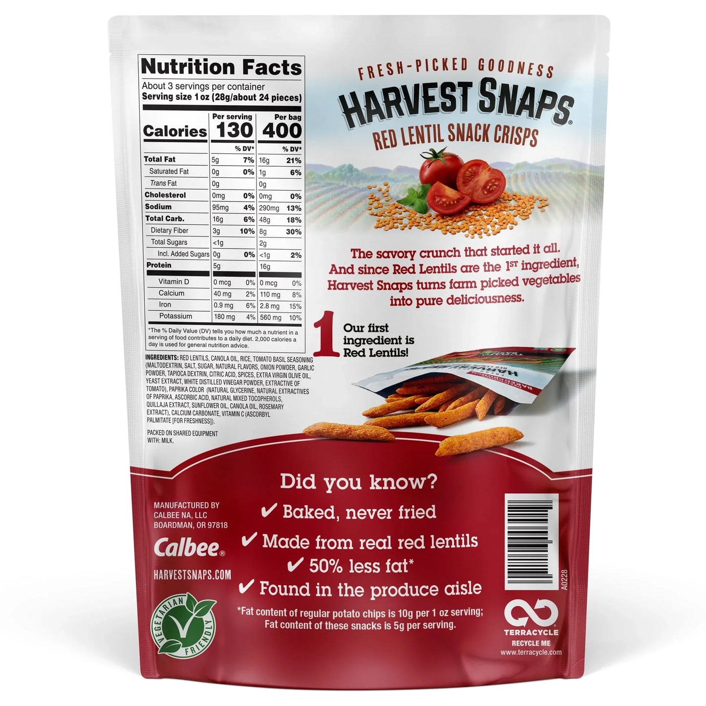 Calbee Snapea Crisp Lentil Snaps, Tomato Basil, 3 oz., Pack of 12