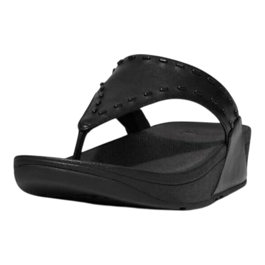 FitFlop Lulu Women Toe-Post Sandals Black Rubber-Stud Leather Slip-On