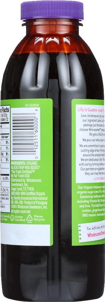 Wholesome Organic Blackstrap Molasses - Unsulphured, 16 oz (Pack of 12) - Rich in Iron & Minerals