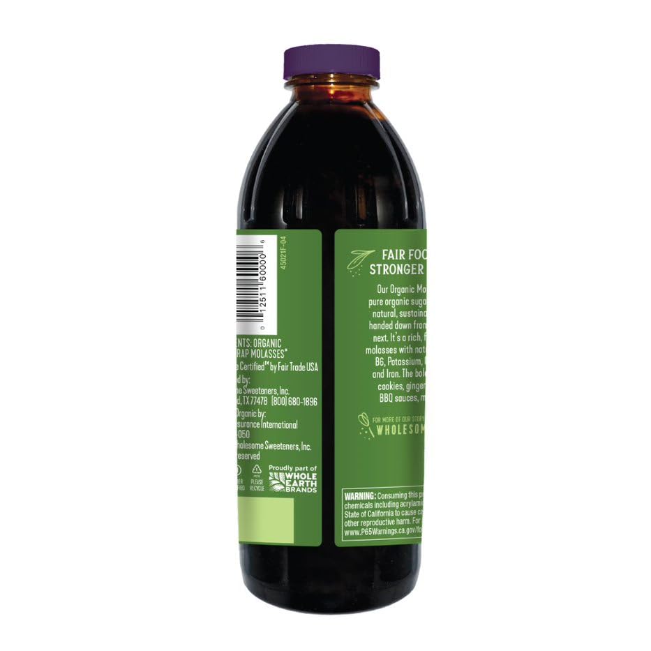 Wholesome Organic Blackstrap Molasses - Unsulphured, 16 oz (Pack of 12) - Rich in Iron & Minerals