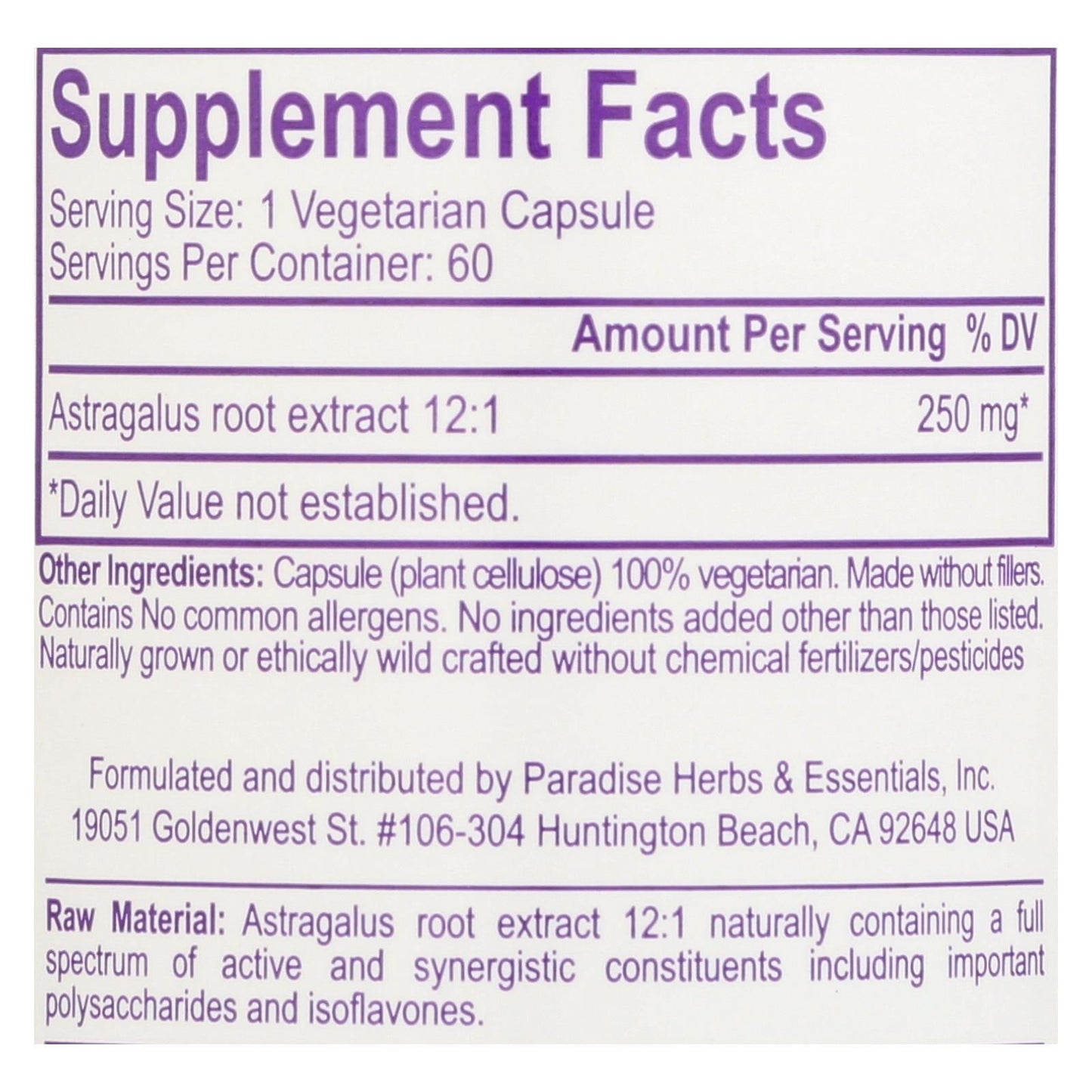 Paradise Herbs Astragalus Vegetarian Capsules, Pack of 60