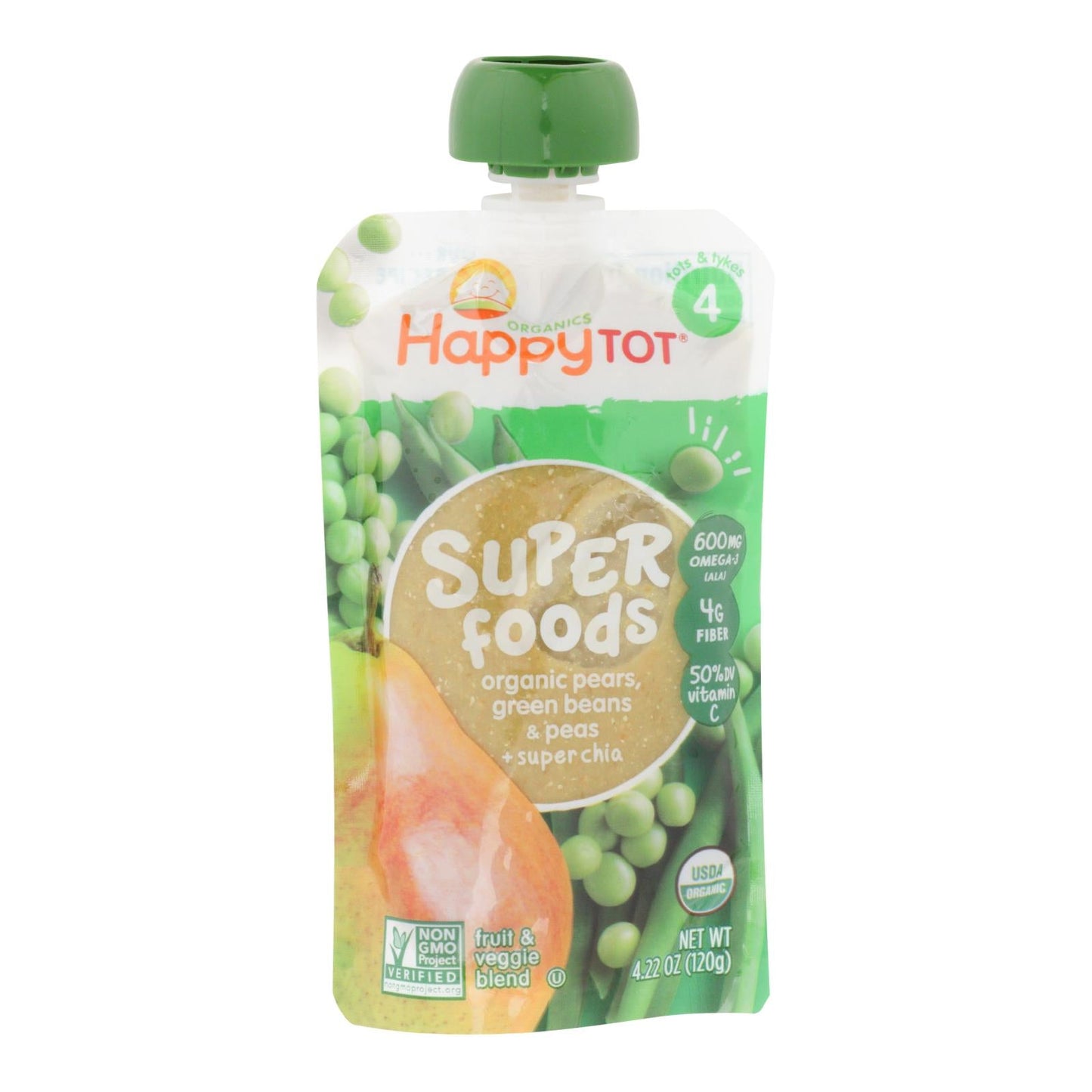 Happy Tot Organic Green Beans, Pear & Pea Toddler Food - Stage 4 (Pack of 16 - 4.22 Oz)