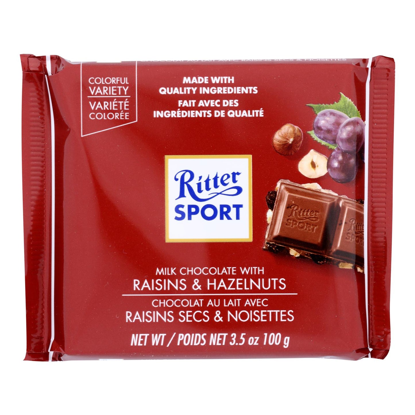 Ritter Sport Chocolate Bar - Milk Chocolate - Raisins And Hazelnuts - 3.5 Oz Bars - Case Of 12
