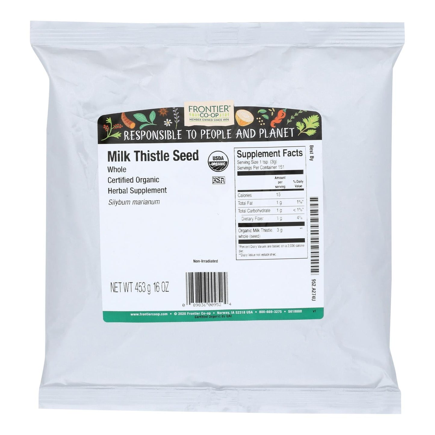 Frontier Herb - Organic  - Pure Milk Thistle Whole, 1 lb.