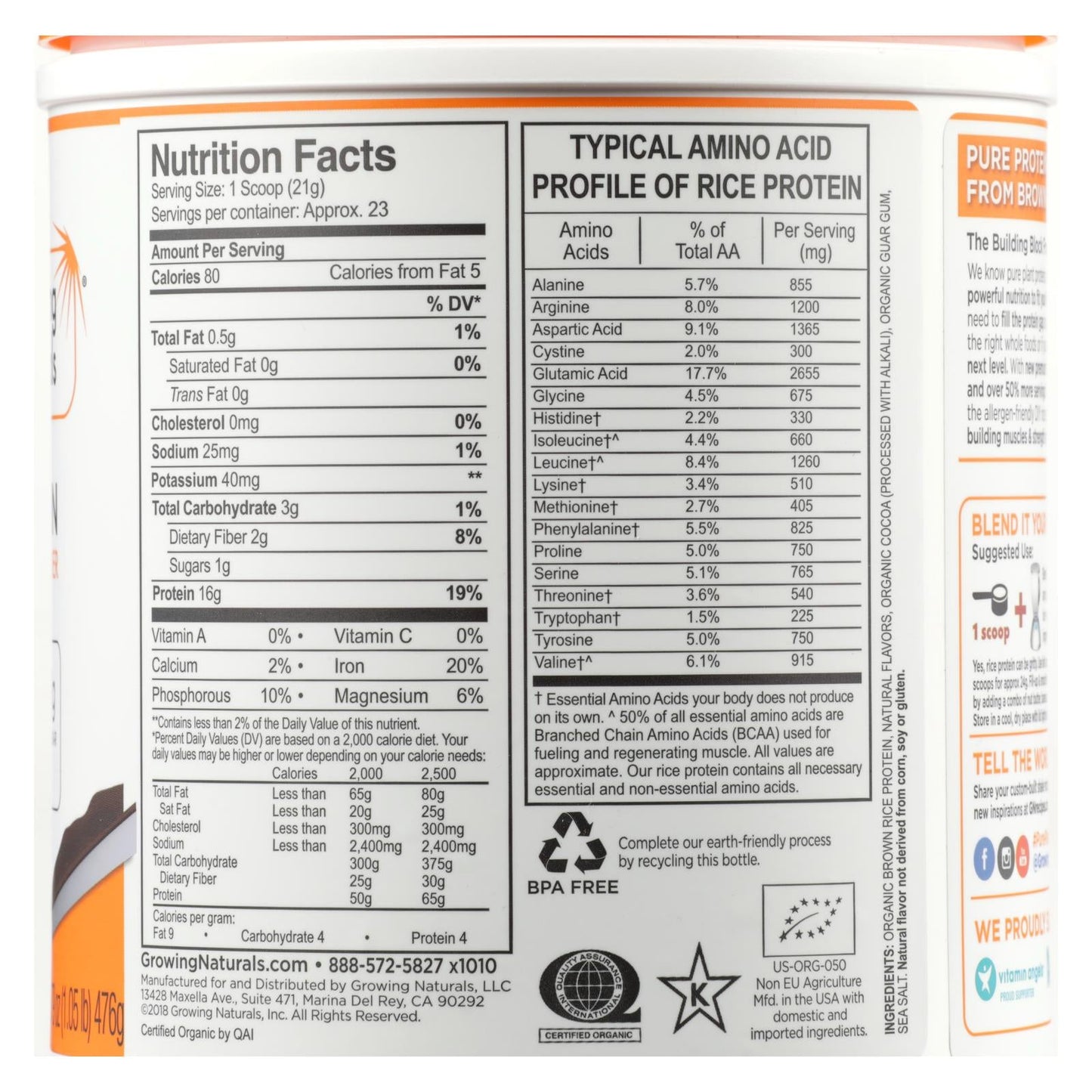 Growing Naturals Organic Chocolate Rice Protein Powder - 16.79 Oz.