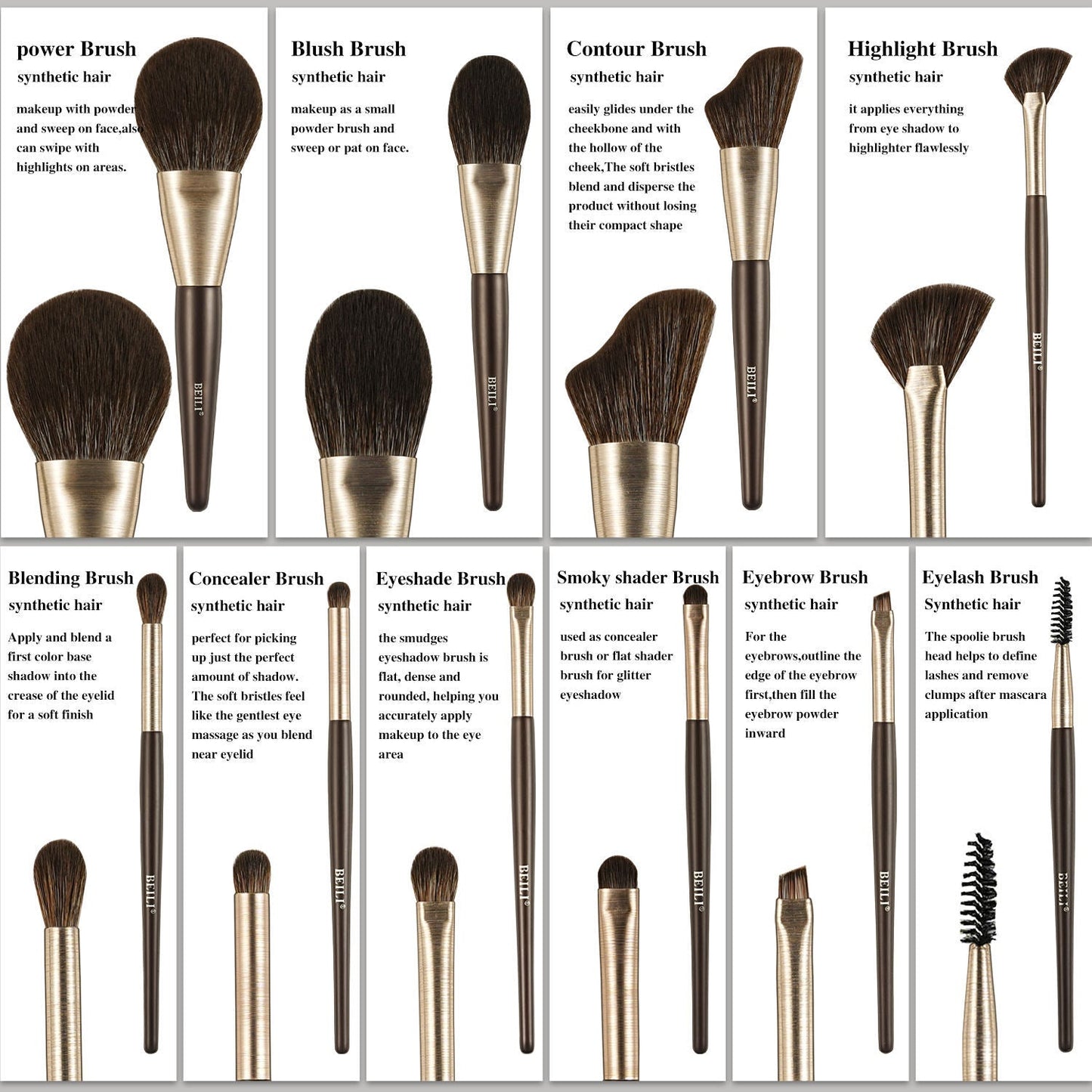 Baili 10pcs Rose Gold Tube Synthetic Hair Vegan Luxury Makeup Brush Set Contour Blush Brush Set