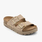 Portofino II by LEON- Women’s Leather Sandal – Double Strap Slide with Cork-style Footbed & Adjustable Buckle