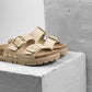 Portofino II by LEON- Women’s Leather Sandal – Double Strap Slide with Cork-style Footbed & Adjustable Buckle