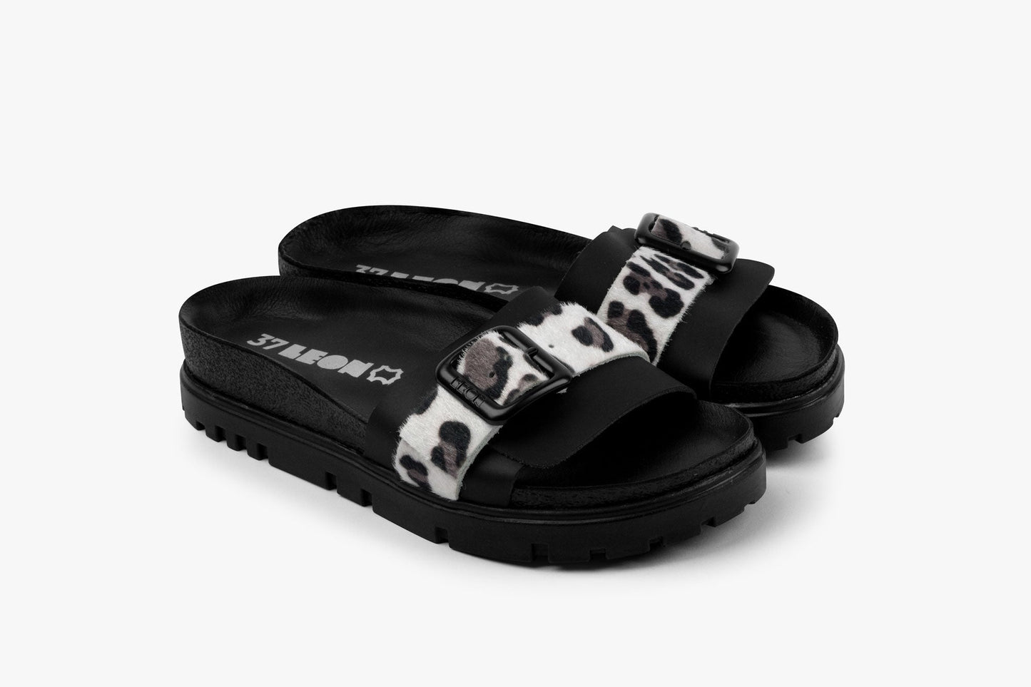 Tessa by LEON- Women’s Leather Sandal – Layered Strap Slide with Cork-style Footbed & Adjustable Buckle