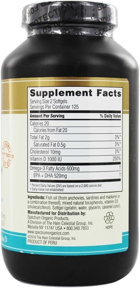 Spectrum Essentials Omega-3 Fish Oil with Vitamin D, 250 Softgels