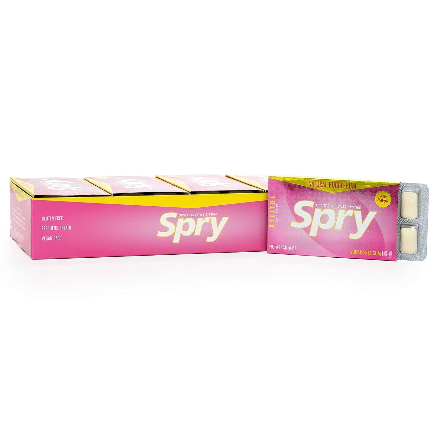 Spry Xylitol Chewing Gum, Natural Bubblegum Flavor, Sugar Free, Gluten Free, 10 Pieces per Pack, Case of 20