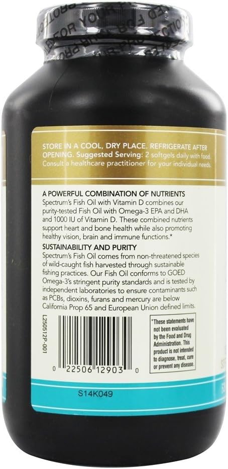 Spectrum Essentials Omega-3 Fish Oil with Vitamin D, 250 Softgels