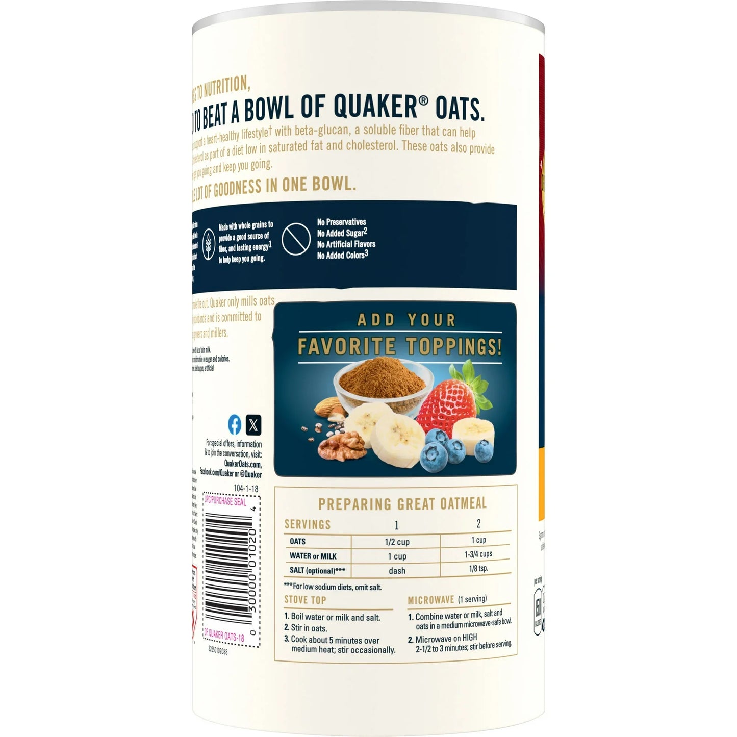 Quaker Old Fashioned Oats - 100% Whole Grain, Case of 12 (18 oz Each)