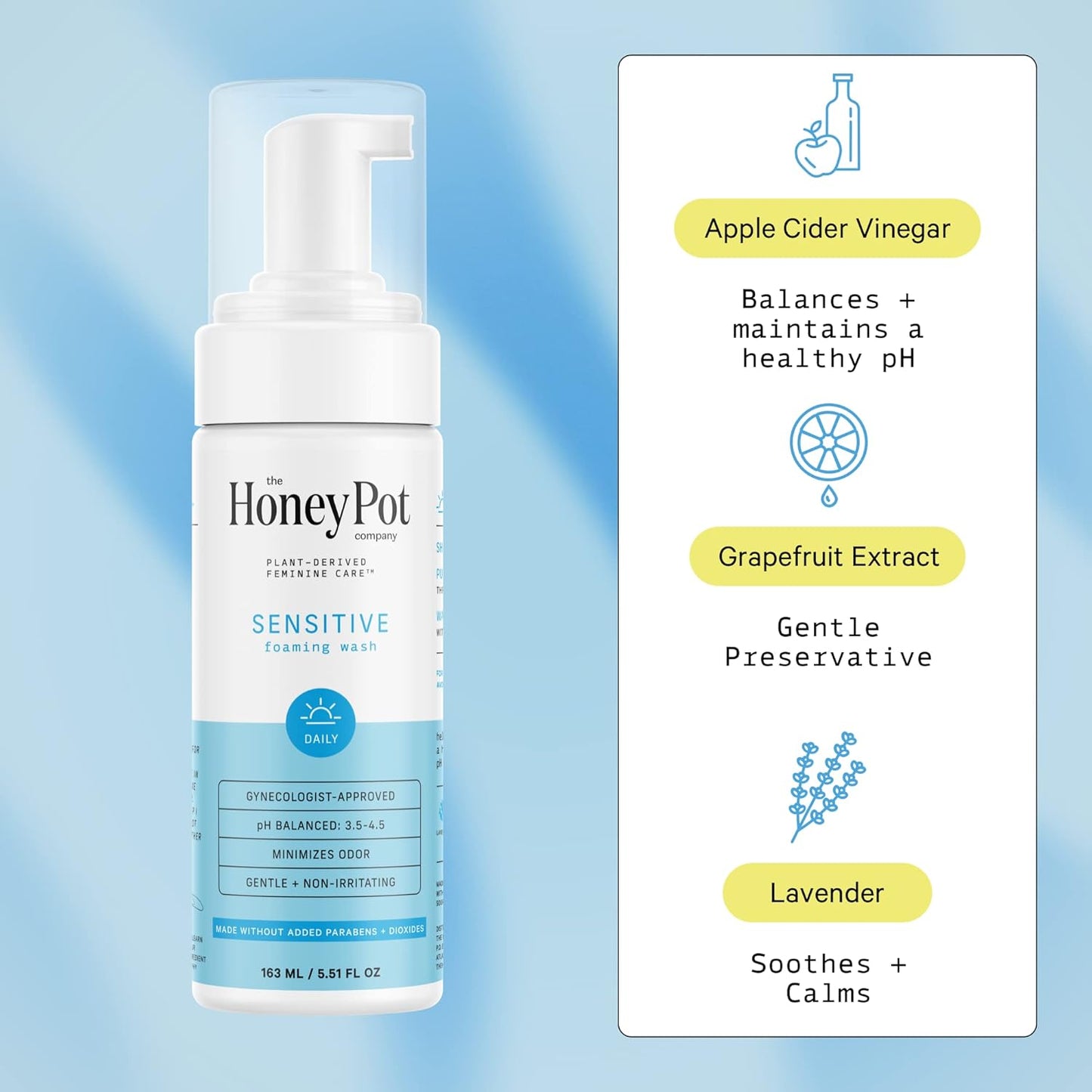 The Honey Pot Sensitive Feminine Foam Wash, Gentle Intimate Cleanser, 5.51 fl oz