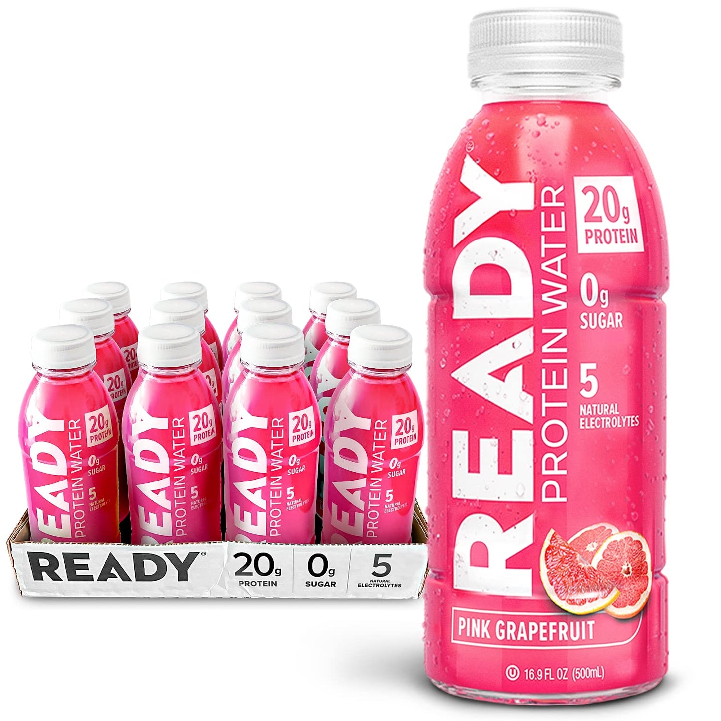 Ready Water Protein Pink Grapefruit - 20g Protein, Gluten-Free, Sugar-Free Hydration | Case of 12 (16.9 fl oz Each)