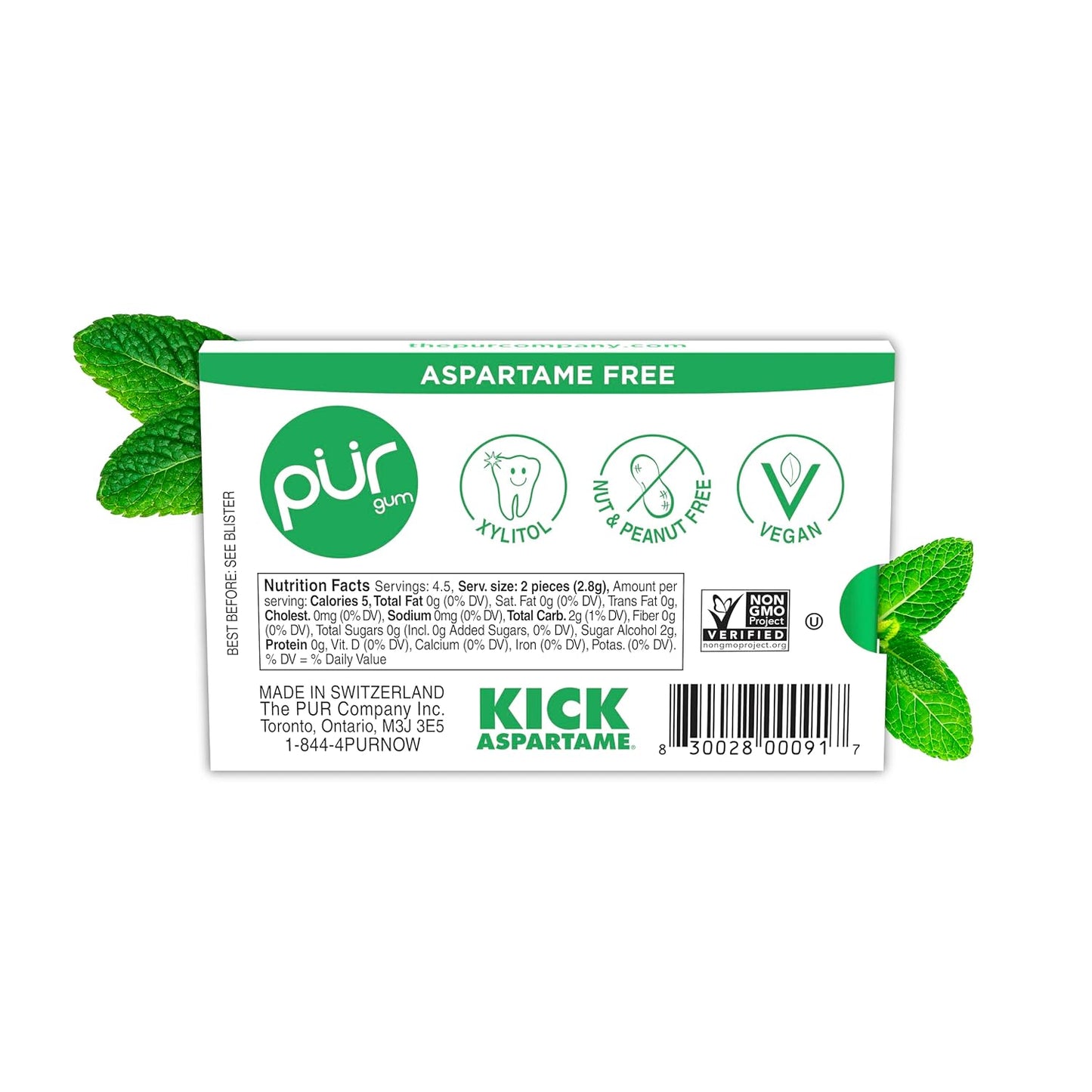 PUR Gum Aspartame-Free Spearmint Gum, 9 Pieces, 12.6g (Pack of 12)