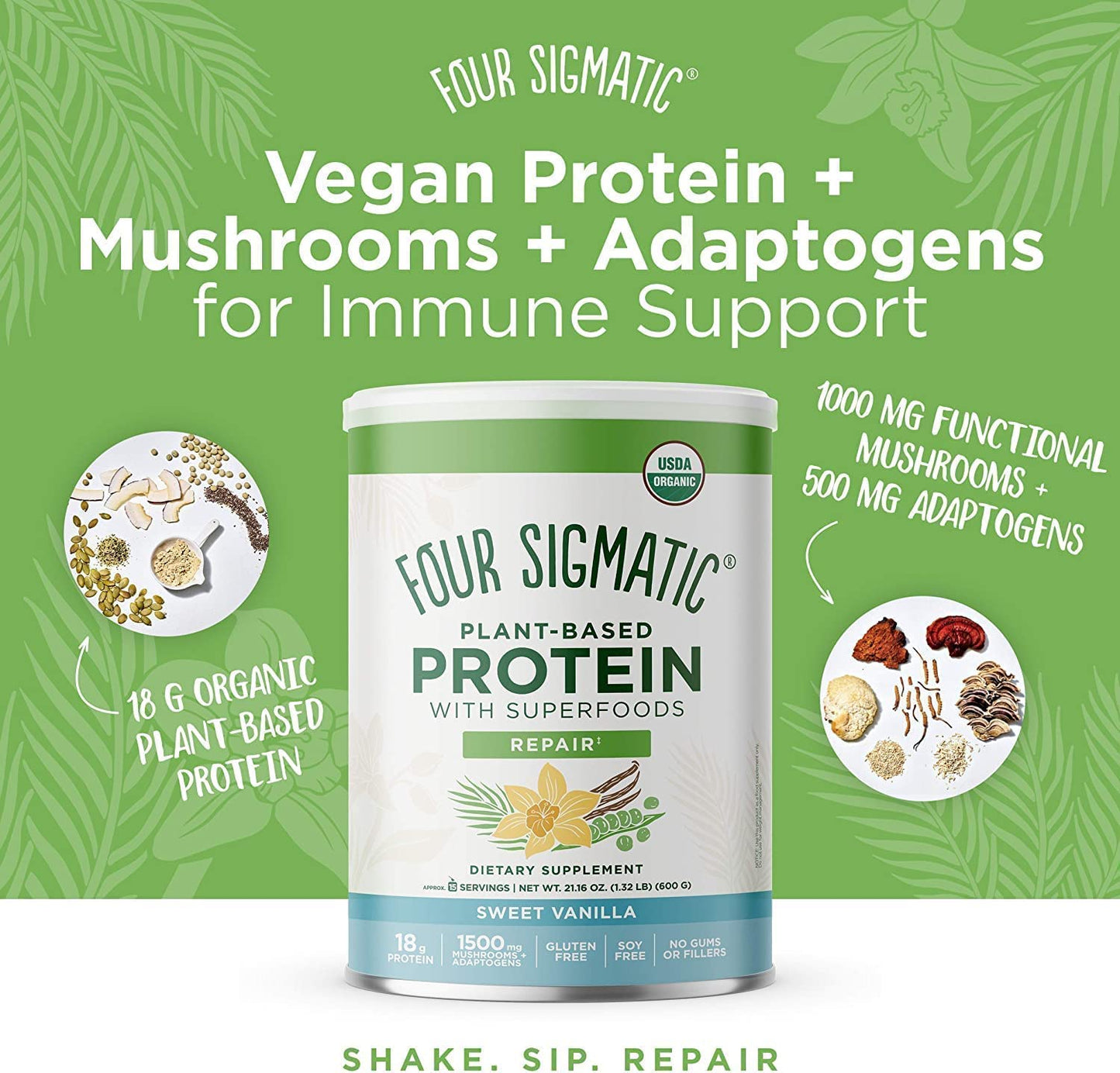 Four Sigmatic - Plant Based Protein With Superfood - Sweet Vanilla  21.16 Oz