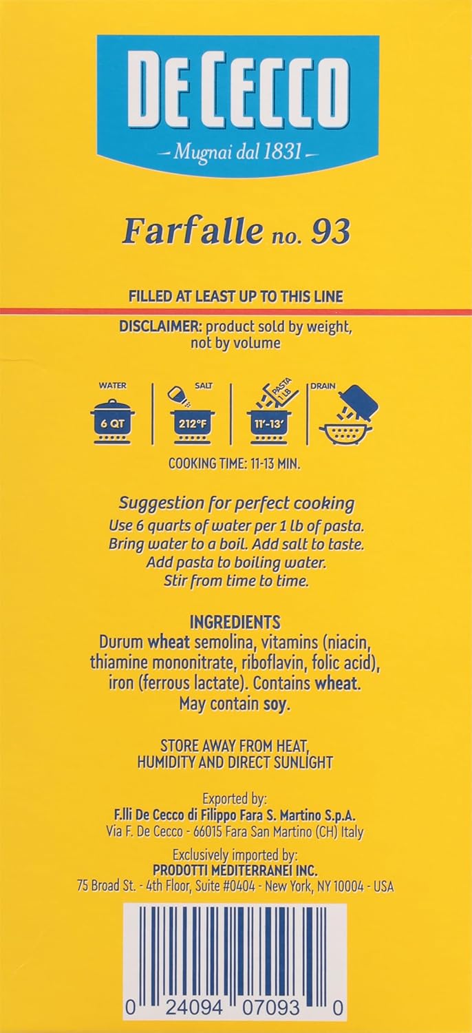 De Cecco Farfalle Bowties Pasta, Authentic Italian, Case of 12 (16 oz)