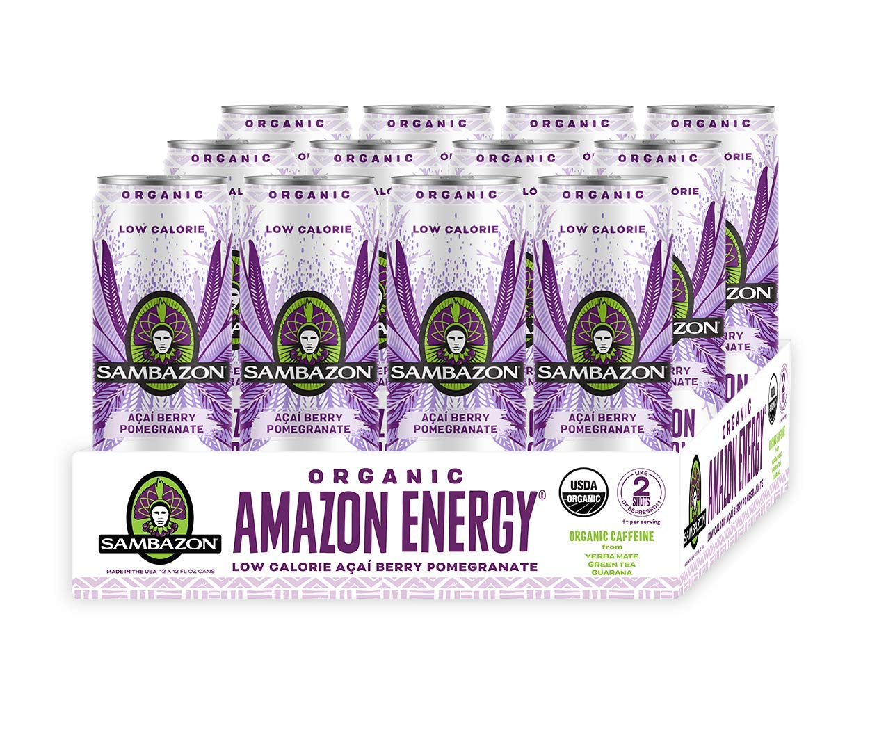 Sambazon Organic Amazon Energy Drink, Açai Berry Pomegranate, Low Calorie, 12 oz, Pack of 12