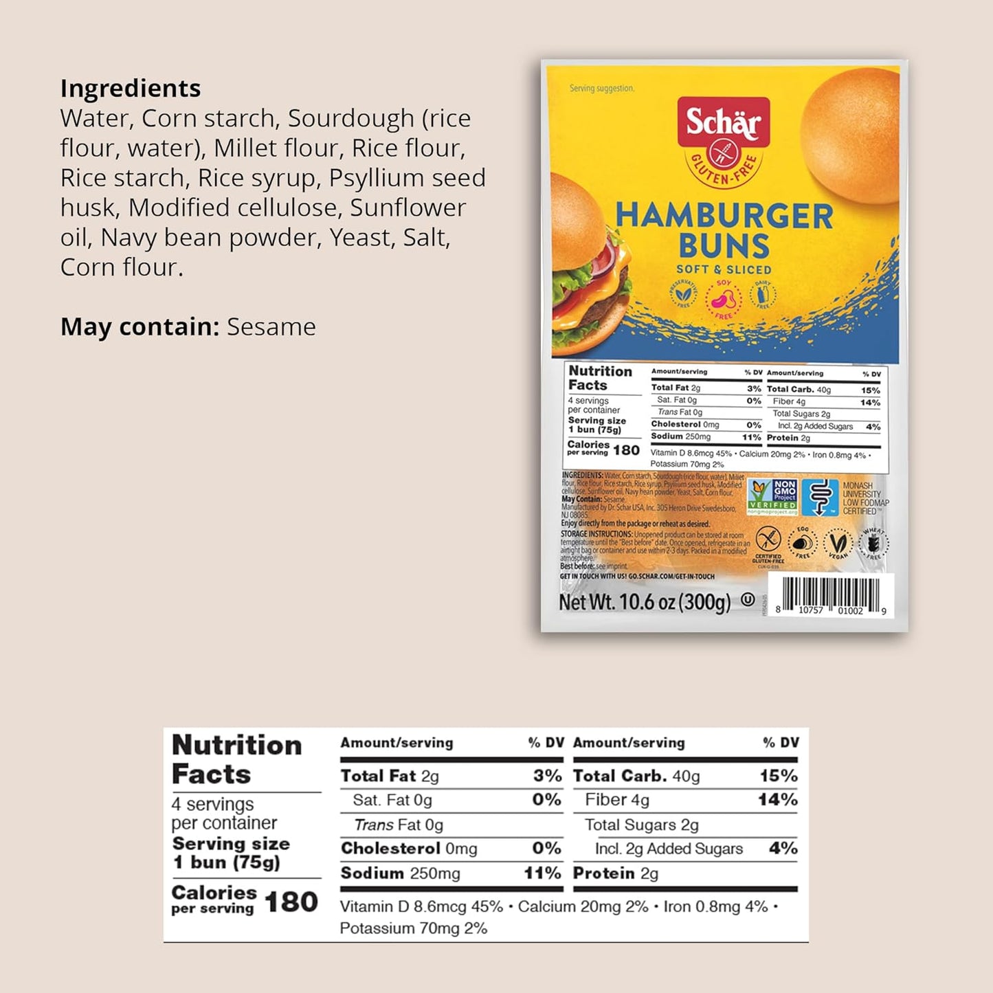 Schar Gluten-Free Hamburger Buns, 4 x 10.6 Oz (16 Buns)