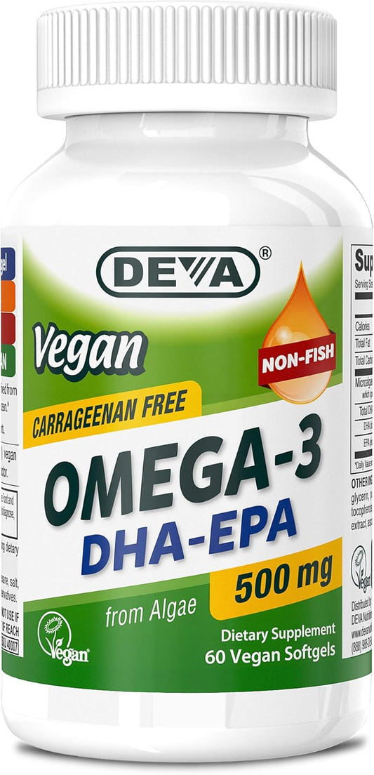 Deva Vegan Omega-3, 500mg DHA + EPA, Plant-Based Omega Fatty Acids, 60 Capsules