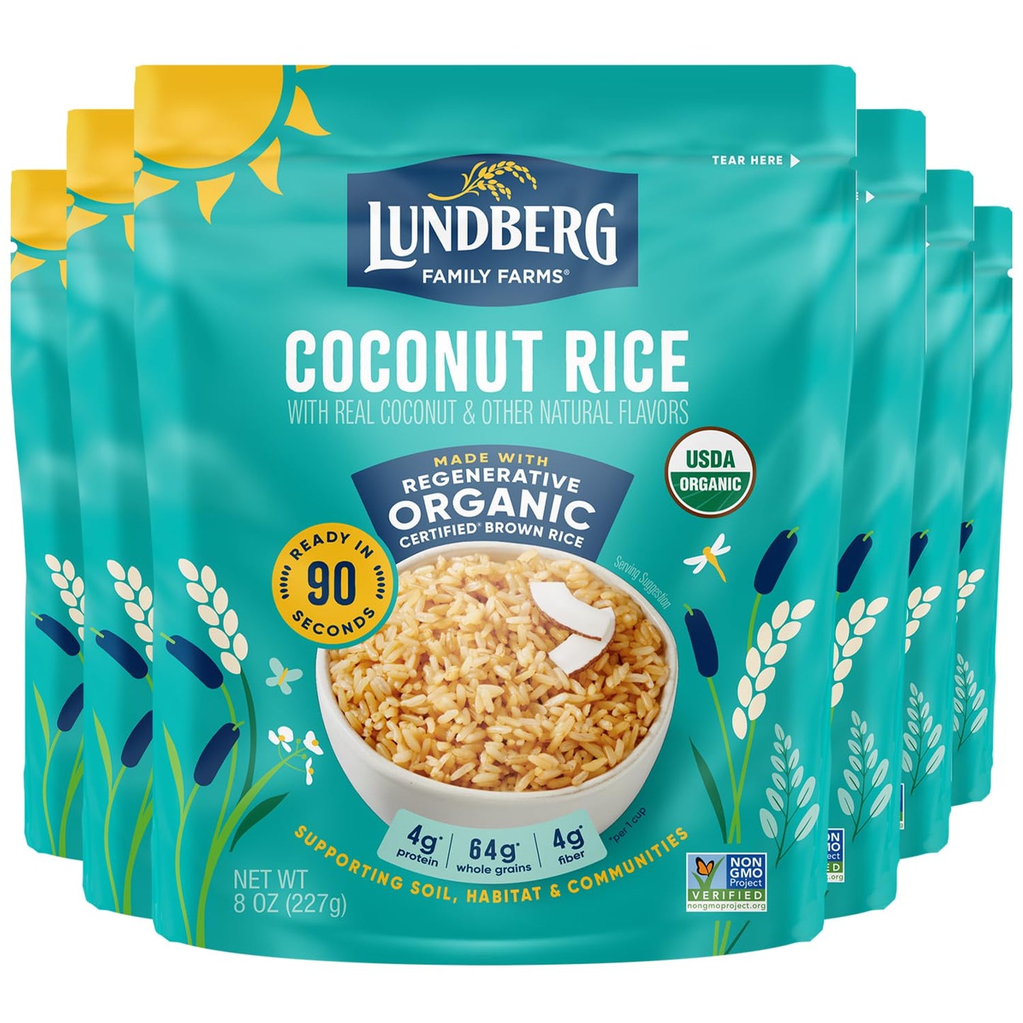 Lundberg Family Farms Organic Coconut Rice, 8 oz Ready-to-Heat Pouches, Case of 6