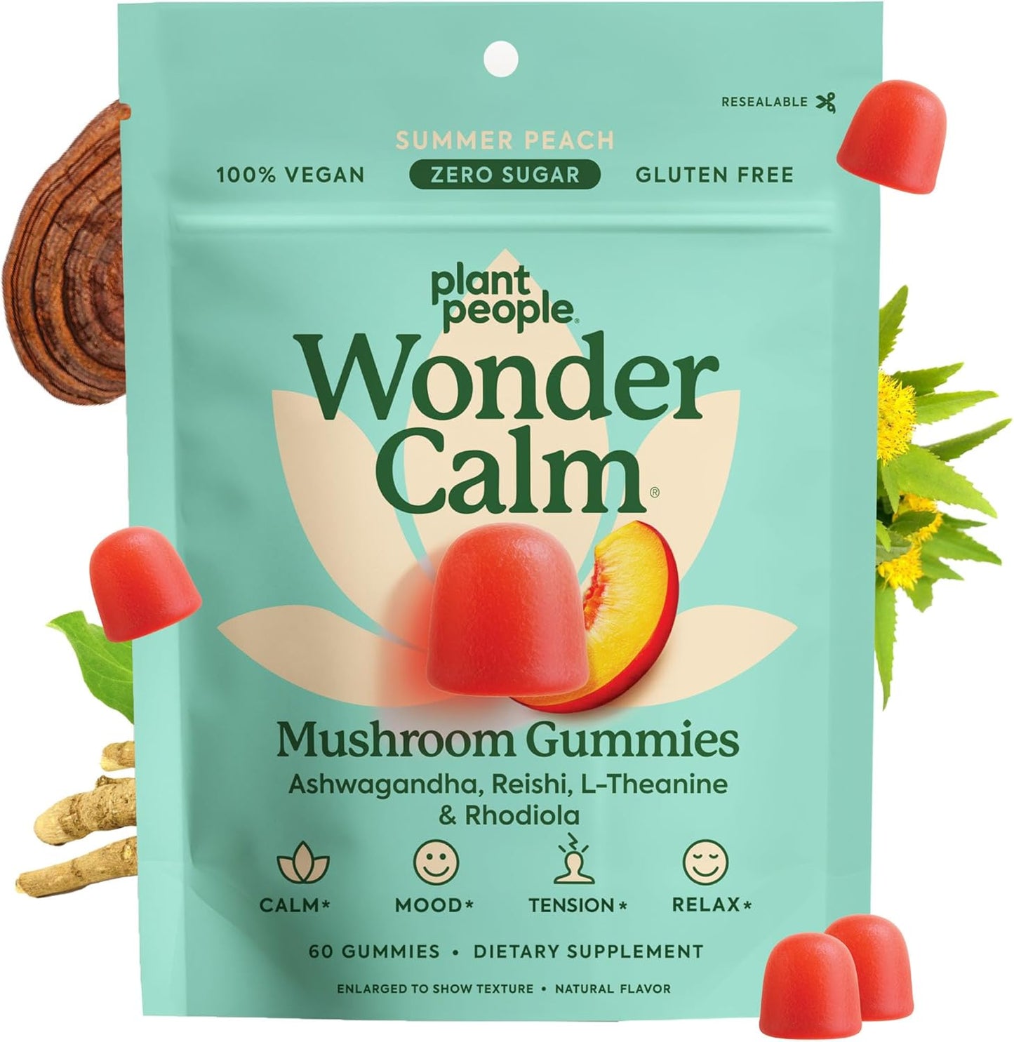 Plant People Mushroom Wonder Calm, Peach, 60 Count
