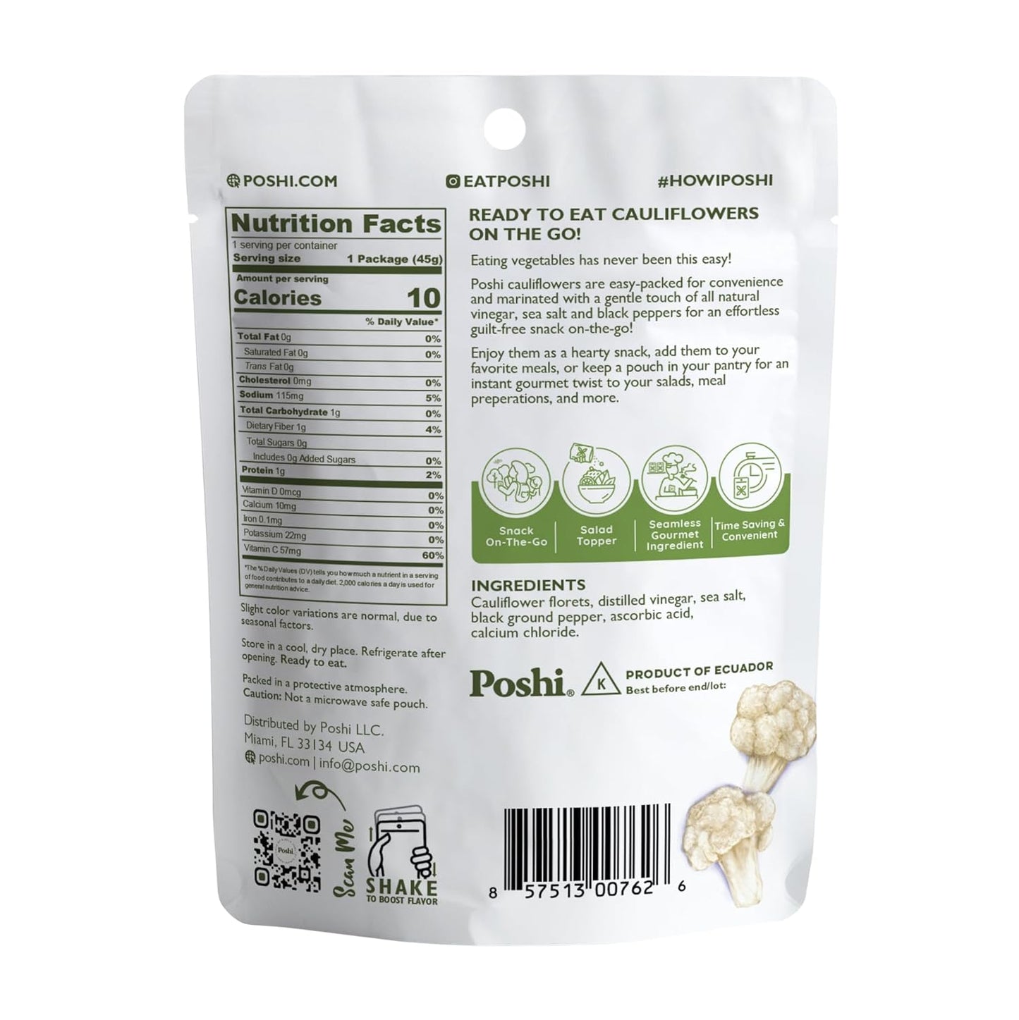 Poshi Cauliflower Salt, Black Pepper Seasoning, 10-Pack, 1.58 Oz