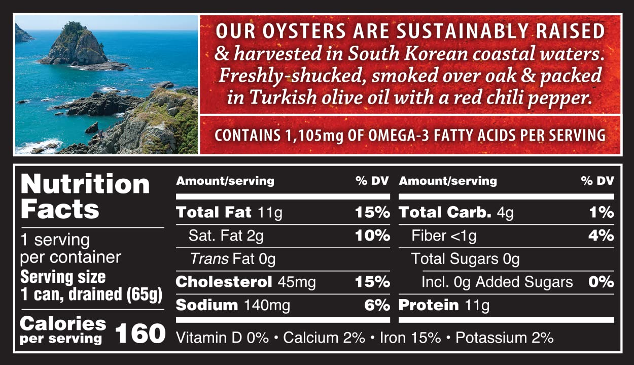Crown Prince Smoked Oysters with Red Chili Pepper - 3 Oz. (Pack of 18)